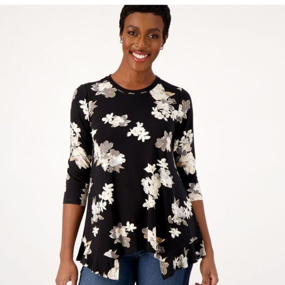 LOGO by Lori Goldstein Floral Tunic Womens Size 1X Black Asymmetrical Relaxed